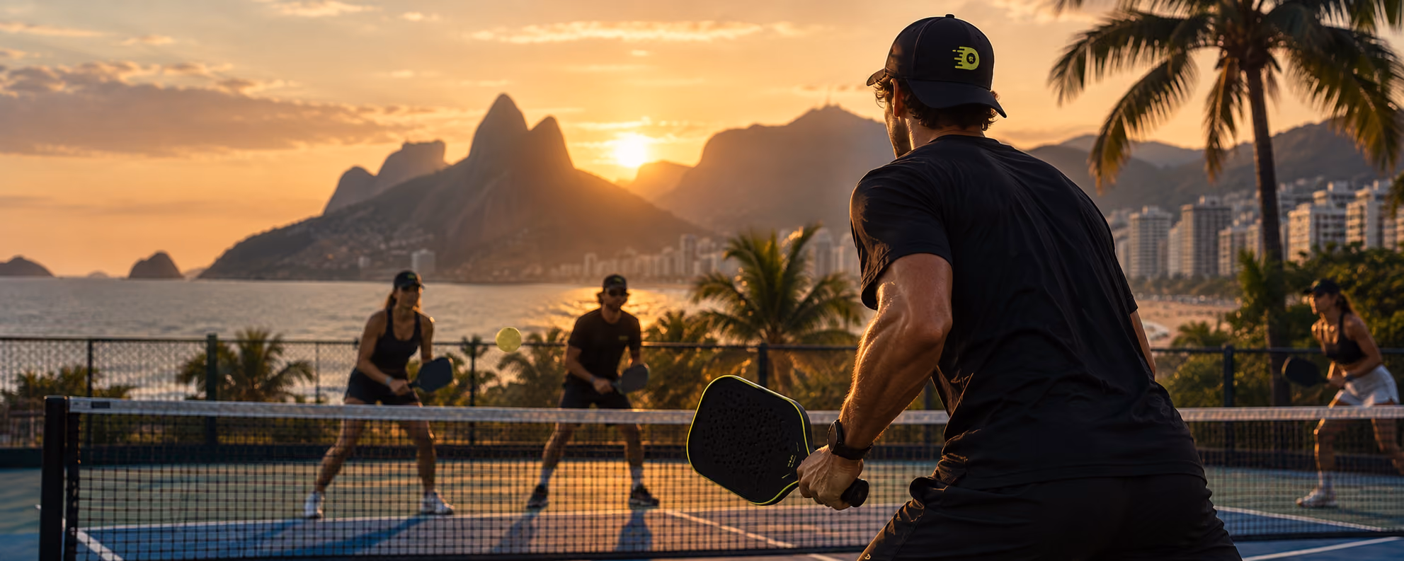 Partida de pickleball ao entardecer no Rio de Janeiro, com o logo DINK no bone do jogador em primeiro plano.